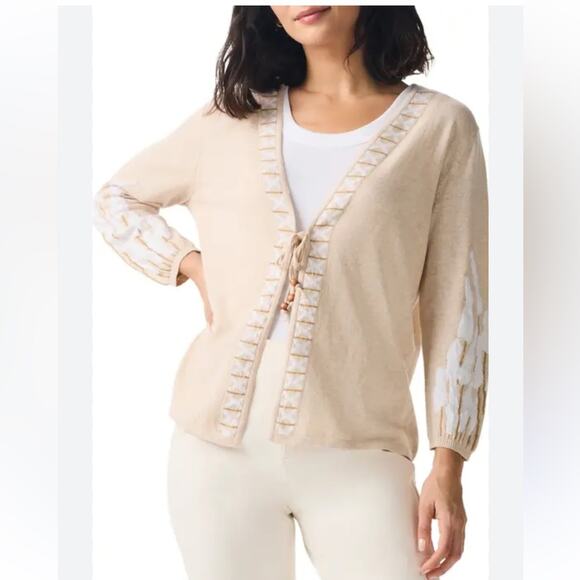 NIC + ZOE Beach Dune Tie Front Cardigan MED Cotton Linen Aztec Floral Tassel - Picture 1 of 10